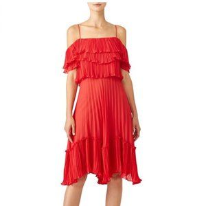 HALSTON Red Pleated Ruffle Dress